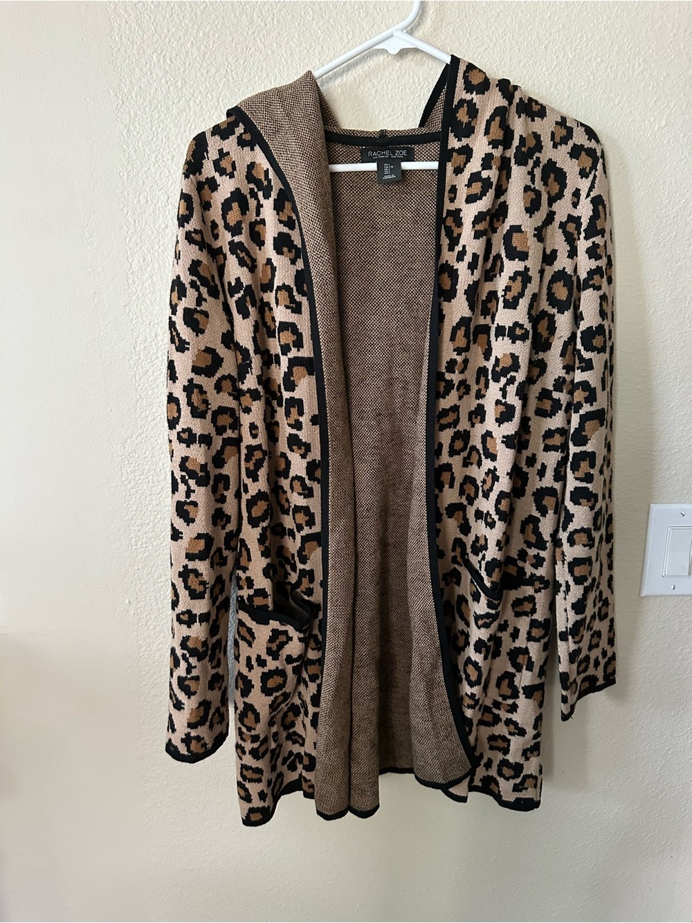Rachel Zoe Leopard Open-Front Hooded Cardigan - Brown/Black size L/ NWOT 1112